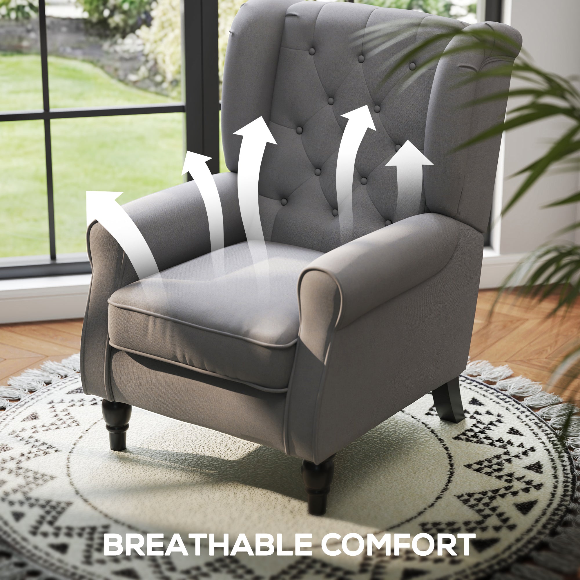 HOMCOM Retro Accent Chair, Linen Wingback Armchair with Wood Frame Button Tufted Design for Living Room Bedroom, Dark Grey